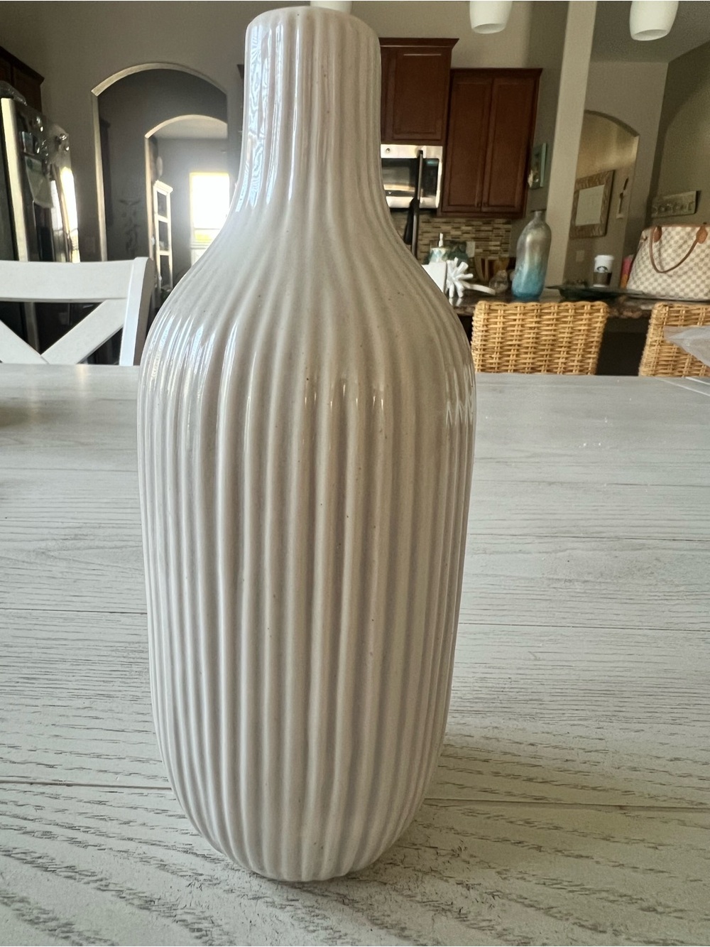 Neutral Ceramic Ribbed Decorative Vase - 8.5” Tallk
